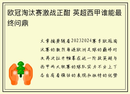 欧冠淘汰赛激战正酣 英超西甲谁能最终问鼎