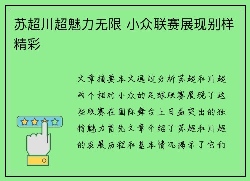 苏超川超魅力无限 小众联赛展现别样精彩